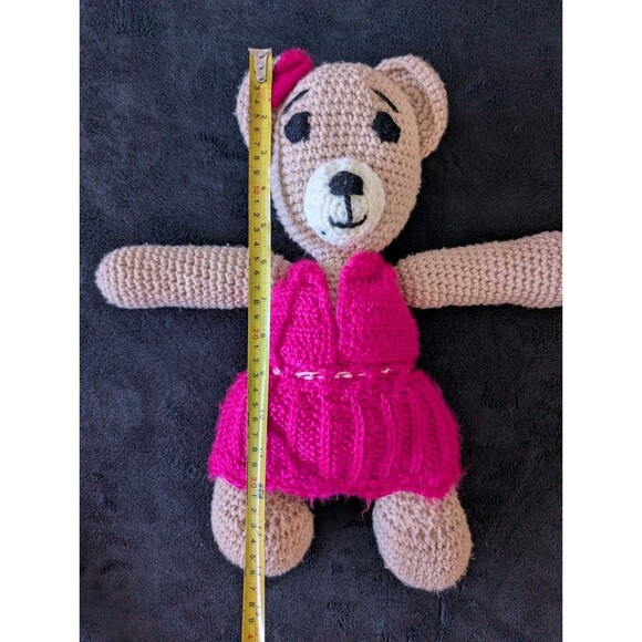 14" Crochet Knit Bear In Pink Dress Handmade Soft Plush Nursery Decor Baby Gift - Picture 12 of 14